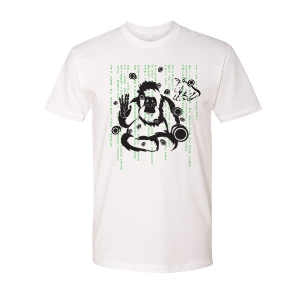 Men's t-shirt. Matrix Style Orangutan- feat. Tu Pac lyric background.